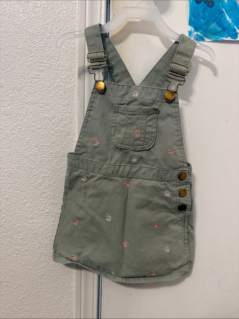 Girls' Embroidered Sage Green Overall Dress - Kids